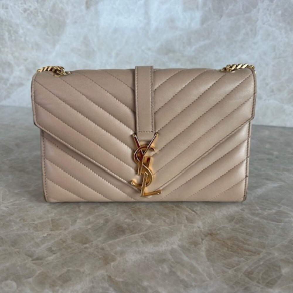 Saint Laurent Beige Chevron Leather Gold Chain Bag